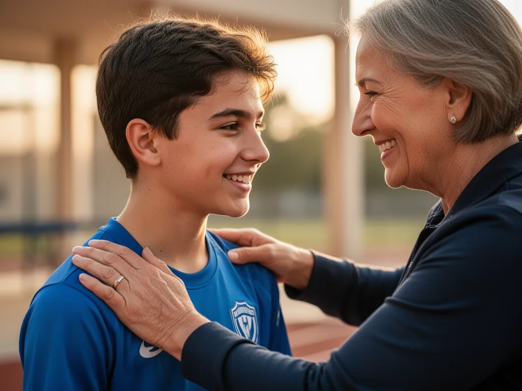 Parent and young athlete sharing supportive moment with genuine emotional connection