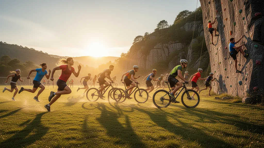 Multiple athletes competing in different sports across an outdoor landscape during golden hour lighting