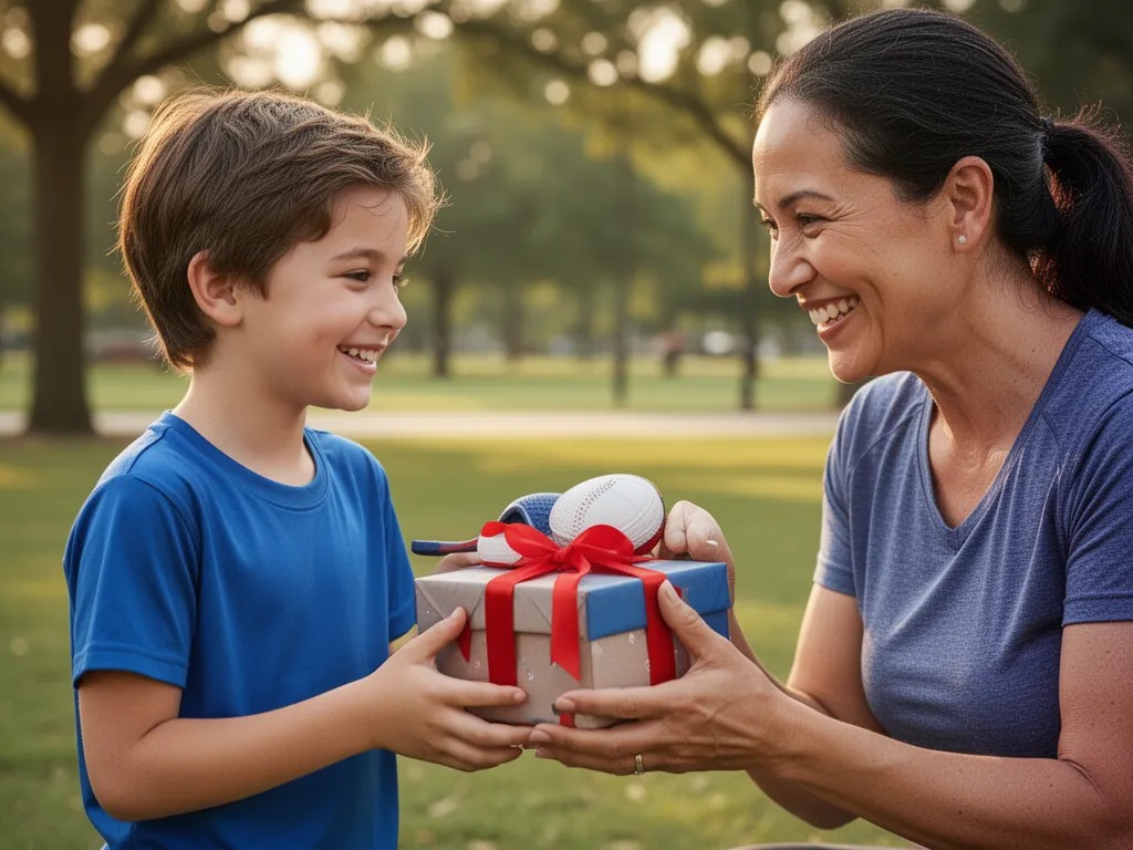 Parent and child sharing an emotional moment while presenting a sports gift outdoors