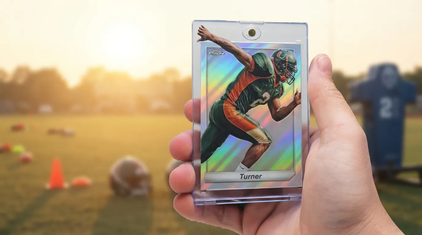 Hand holding magnetic case with custom football card, a golden-hour gift idea for a sports dad.