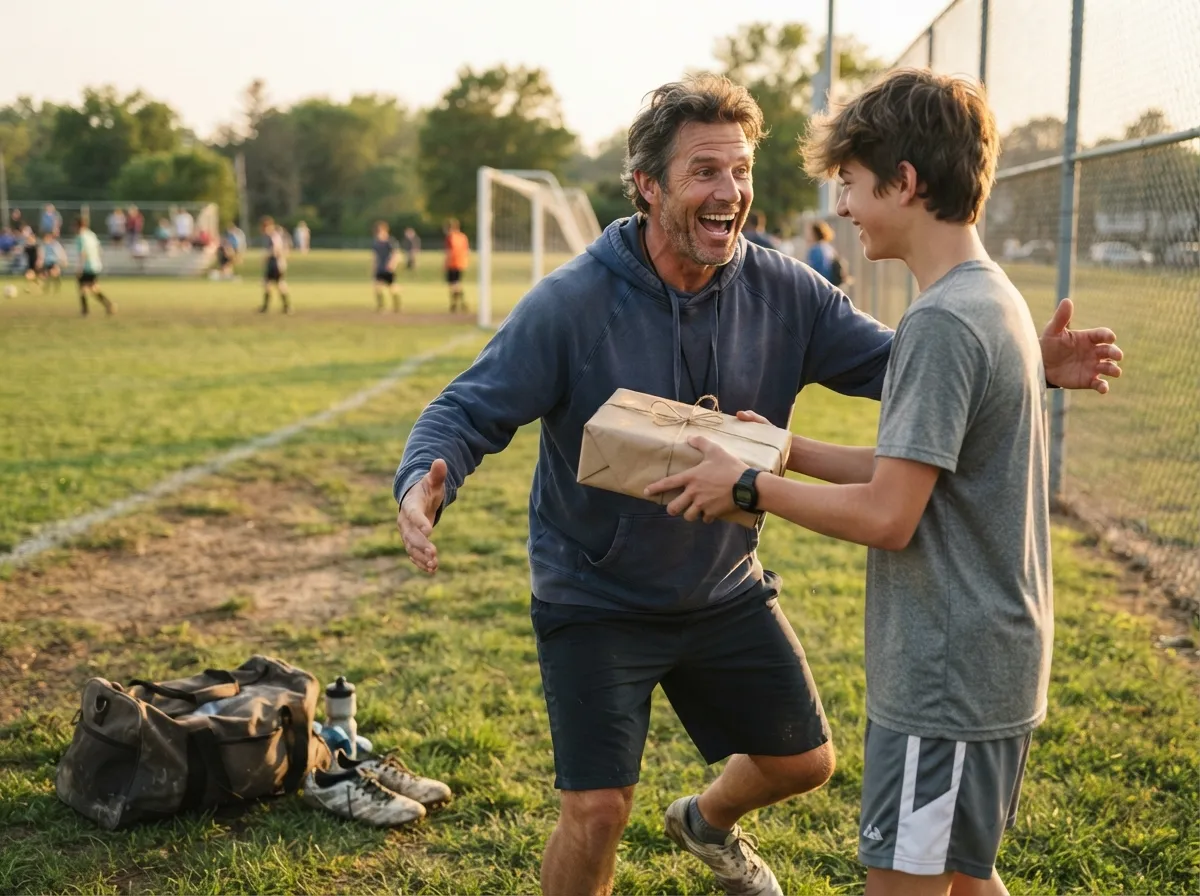 Father surprised and smiling while receiving a gift from his son on a sports field.