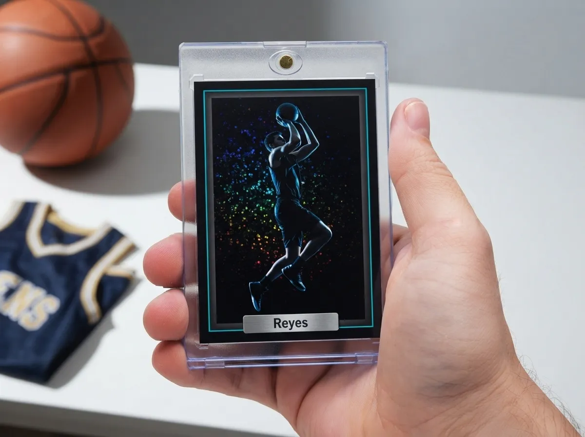 Custom basketball trading card in magnetic case, neon-lit design, a gift for sports dads.