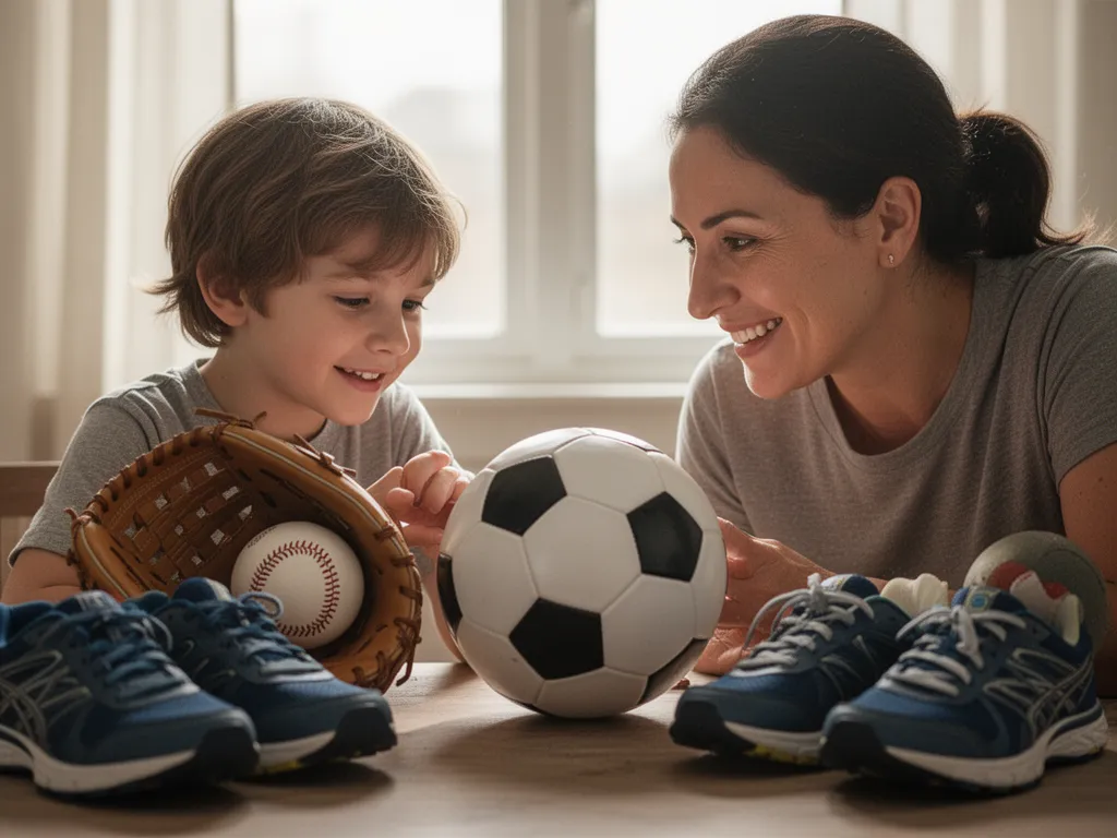 Parent and child bonding while looking at various sports equipment and gear together