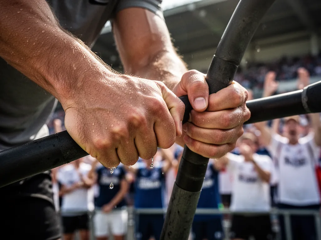 [Close-up of athlete's determined hands gripping sports equipment with celebration visible in background]
