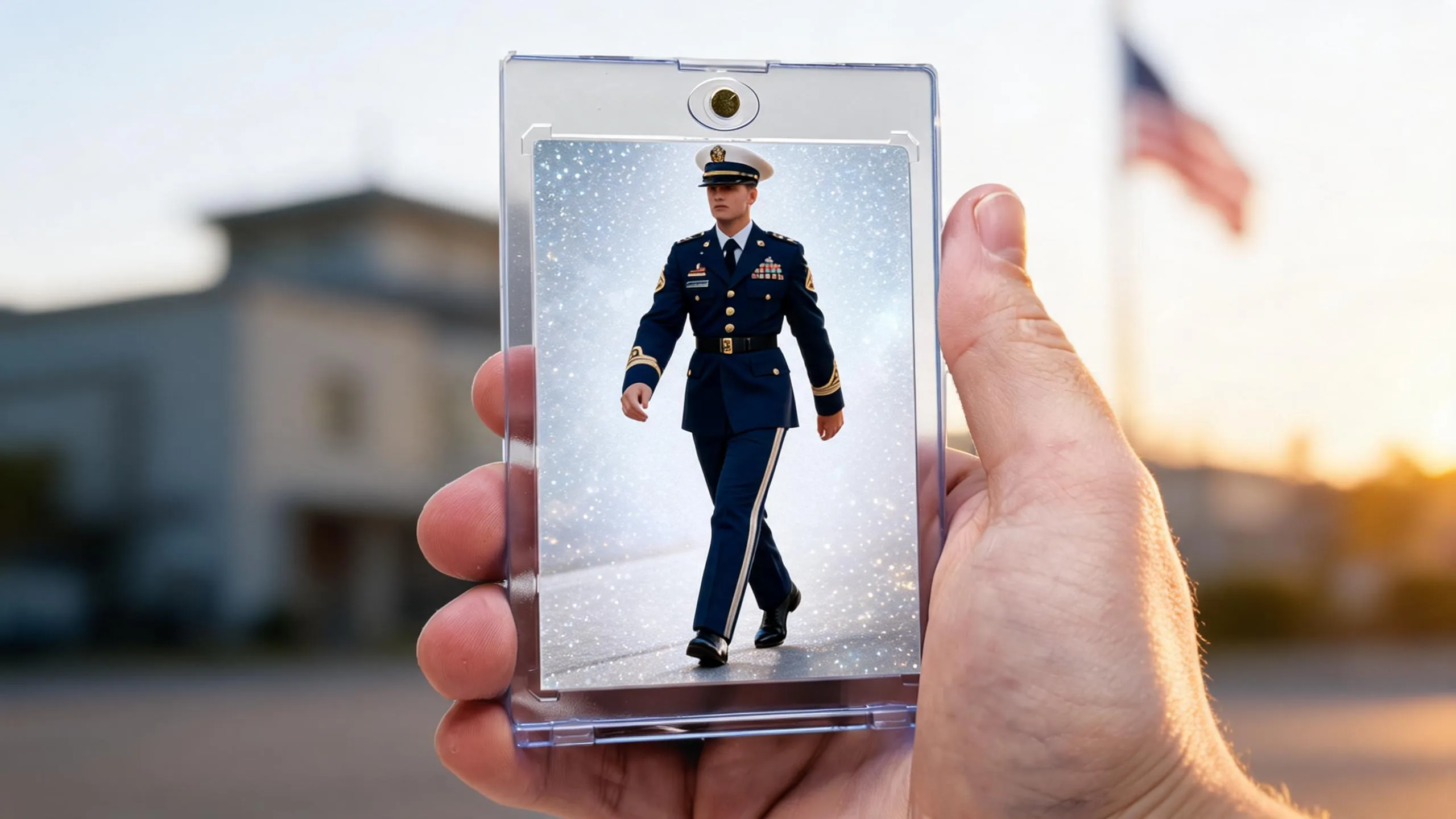 Hand holding magnetic case with military tribute card, ideal gifts for army boot camp graduation.