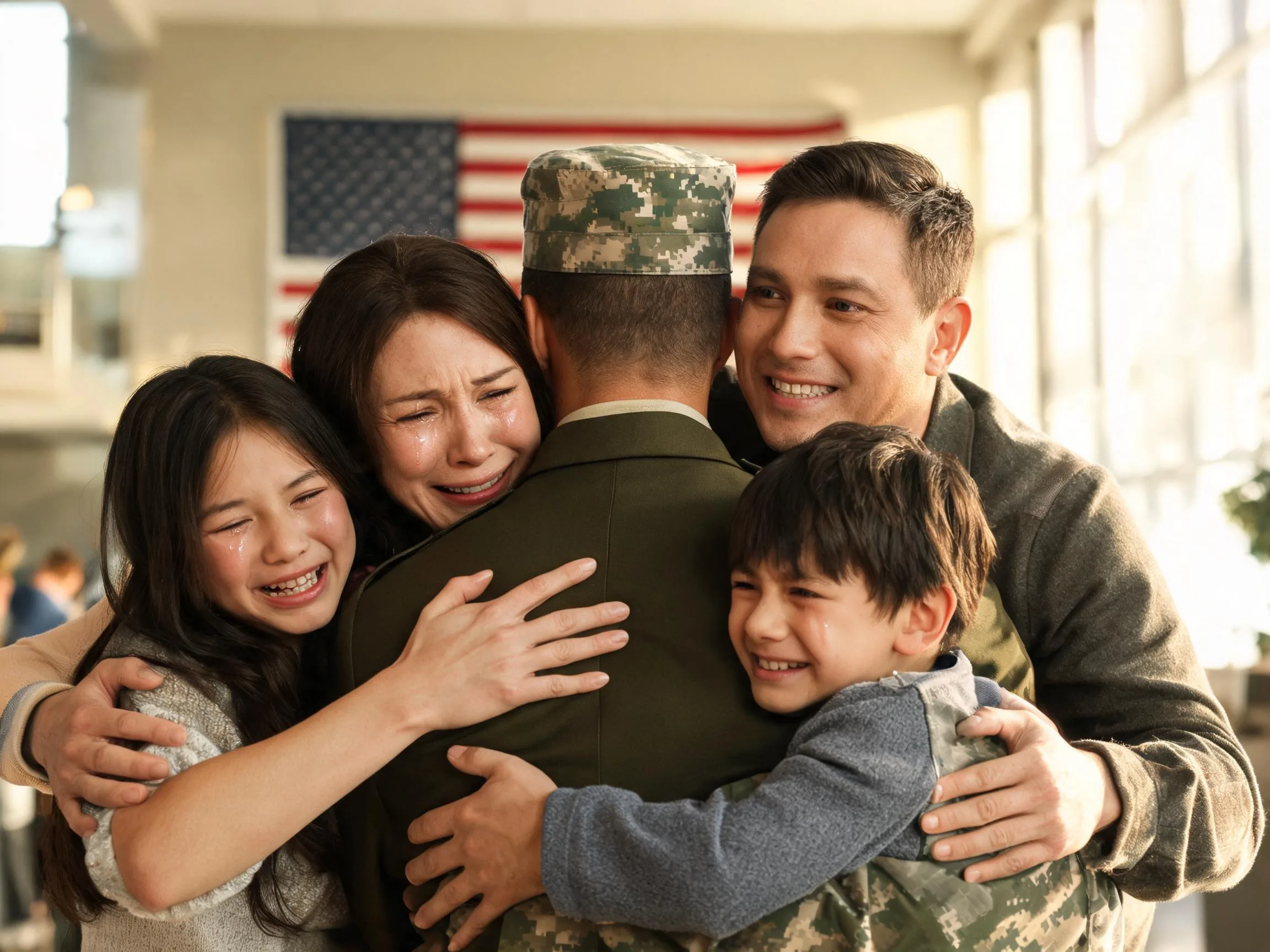Family joyfully embracing a returning soldier during an emotional homecoming reunion.