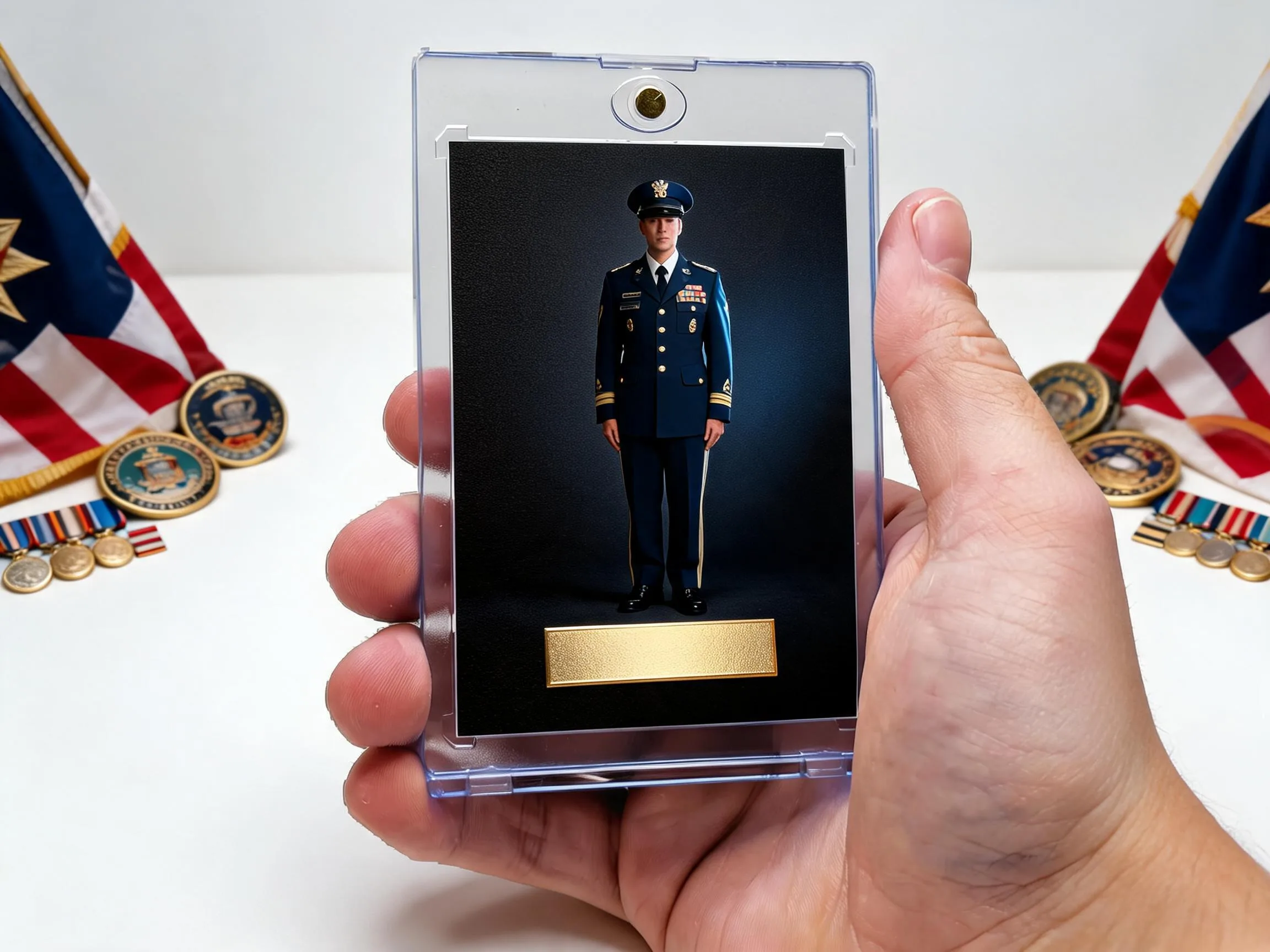 Custom military tribute trading card in magnetic case beside folded flag and coins.