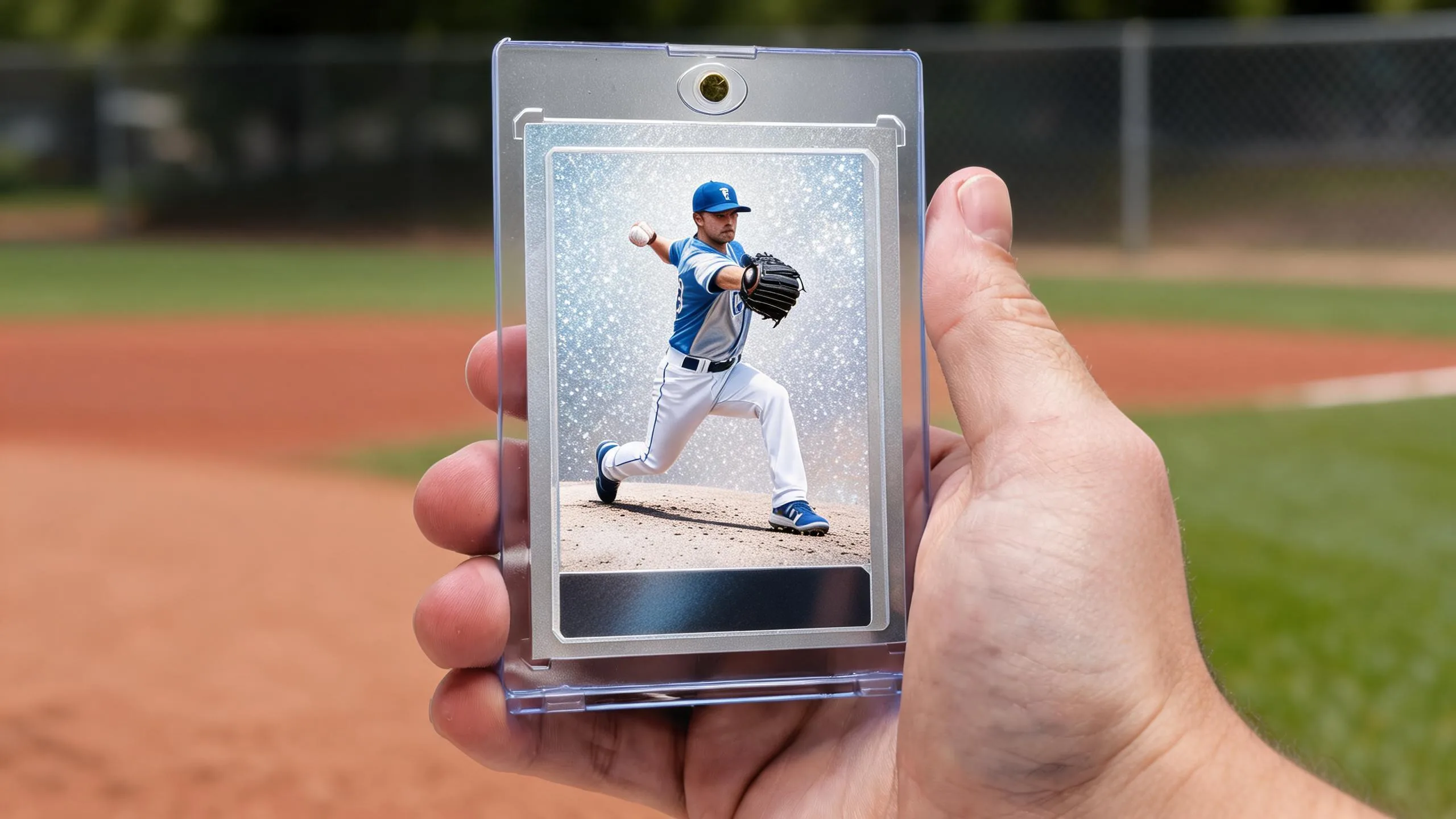 Hand holding magnetic case with custom baseball card, a refractor-style gift for baseball players.