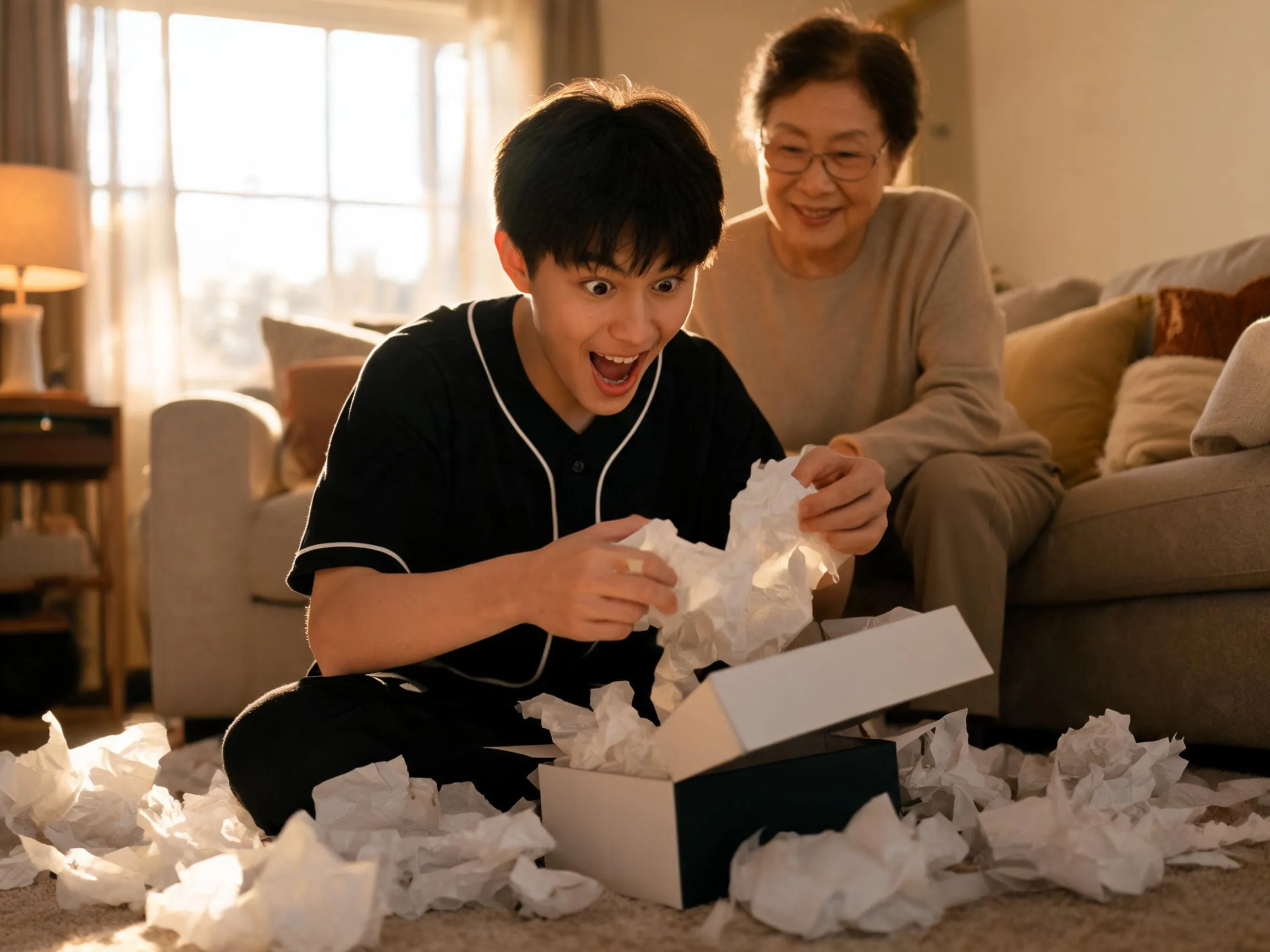 Teen baseball player joyfully surprised while unwrapping a thoughtful gift at home.