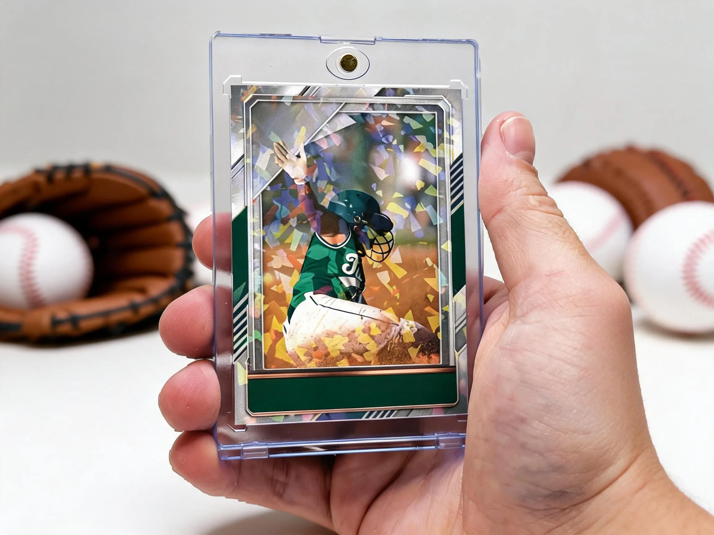 Custom baseball trading card in a magnetic case, a thoughtful gift for baseball players.