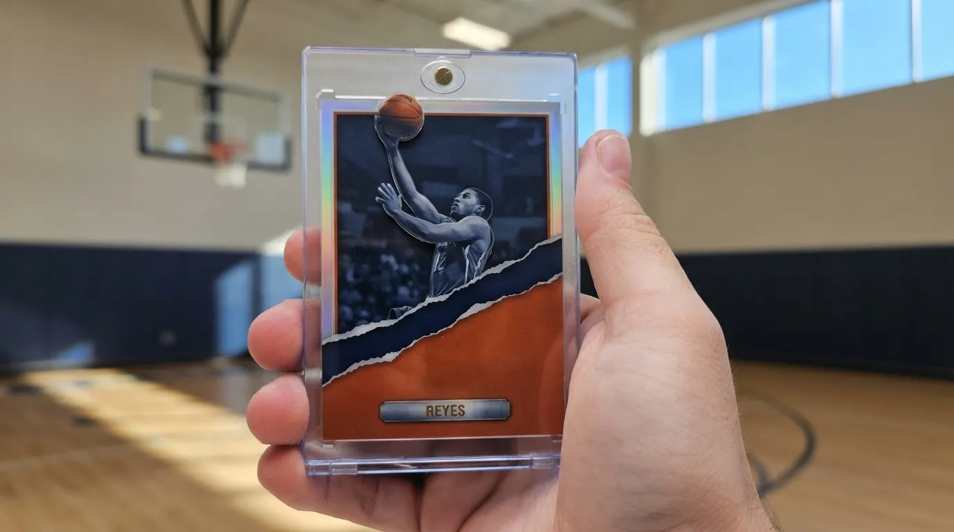 Hand holding magnetic case with custom basketball trading card, a thoughtful gift for basketball players.