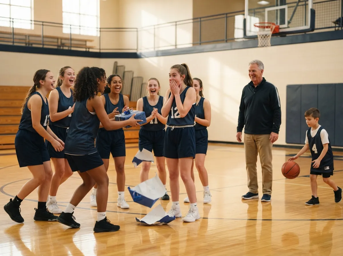 Basketball players sharing a joyful surprise gift-giving moment on an indoor court.