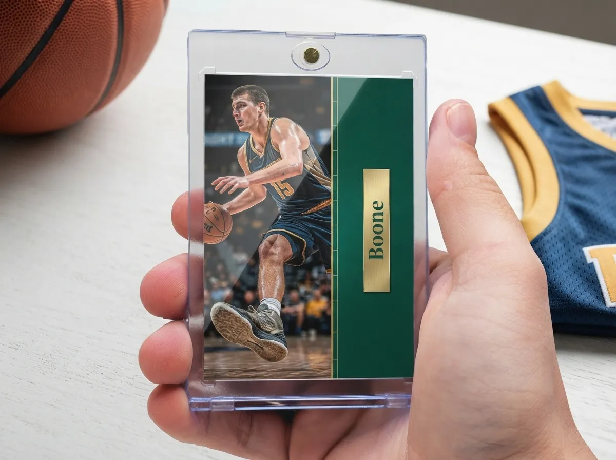 Custom basketball trading card in clear magnetic case, split-panel design with foil nameplate.