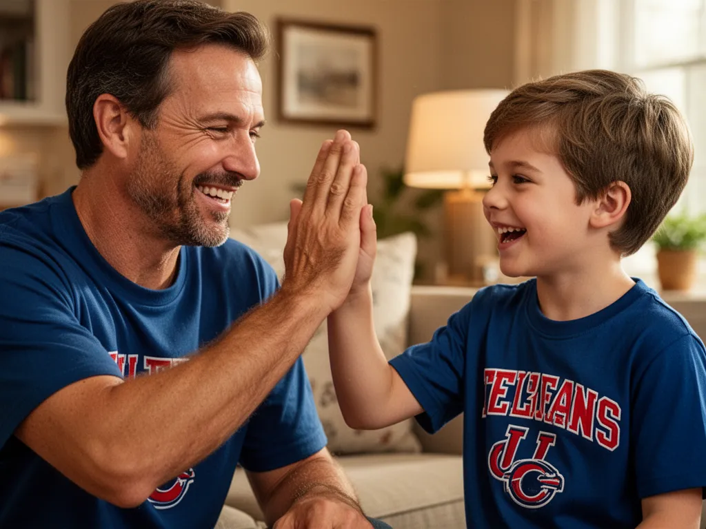 Father and son high-fiving together while wearing matching Boston sports team clothing indoors