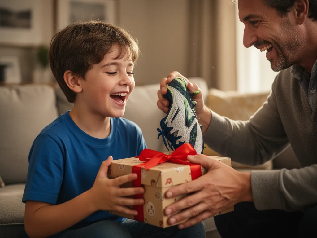 Young boy smiling while opening a sports gift from his parent indoors.