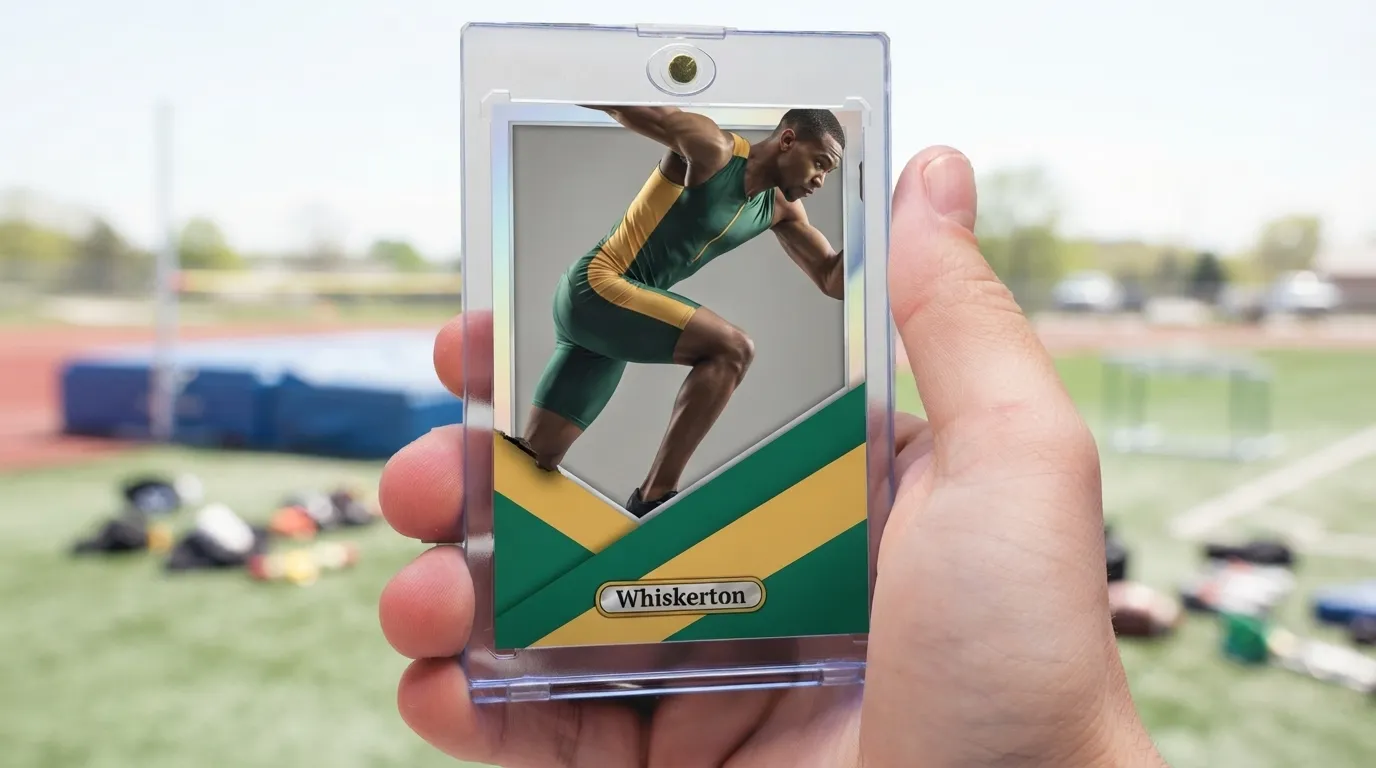 Hand holding magnetic case with premium sports card, gifts for cat lovers, emerald gold diagonal design.