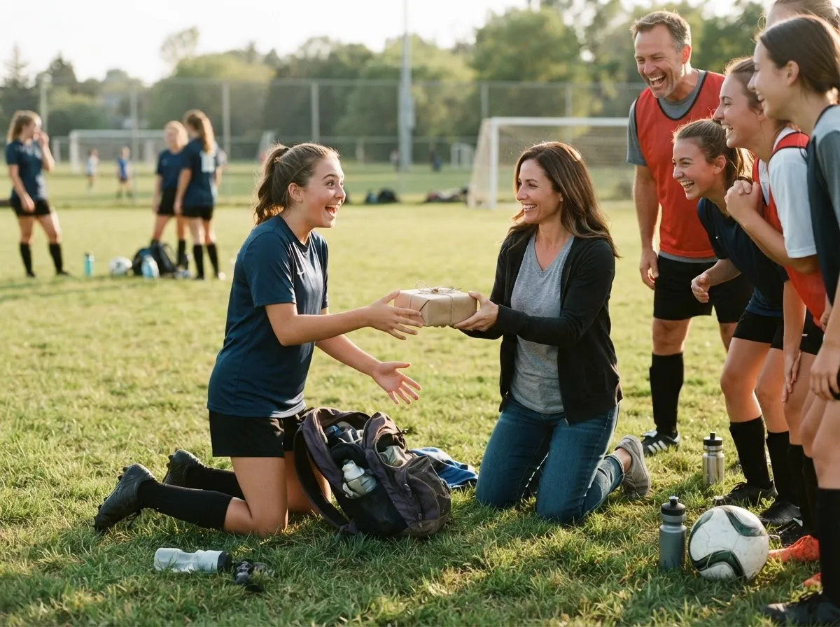 Athlete on sports field smiling in surprise while receiving a wrapped gift outdoors.