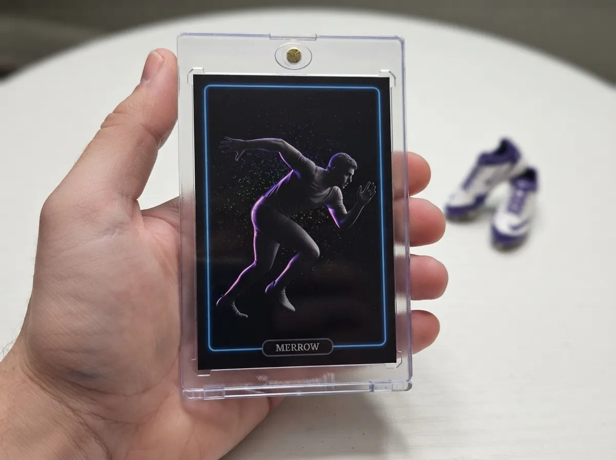 Custom cat-lover sports trading card in magnetic case, dark neon-rimmed athlete design.