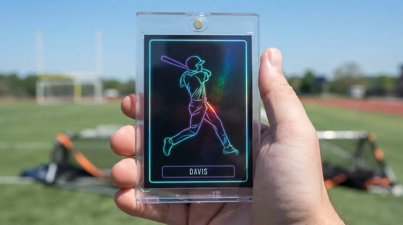 Hand holding magnetic case with dark neon trading card, a thoughtful gift for coworkers outdoors