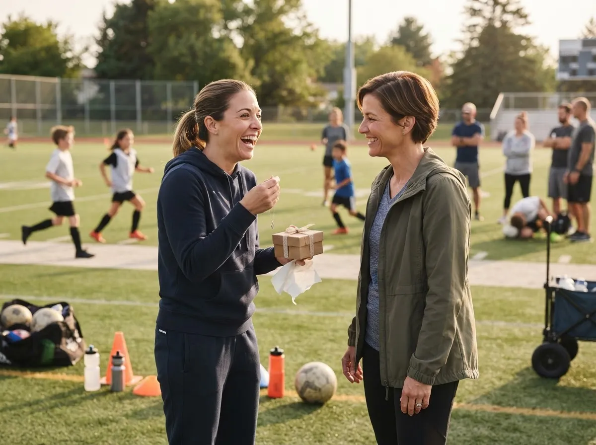 Coworkers sharing a joyful surprise gift moment on a sunny athletic field together