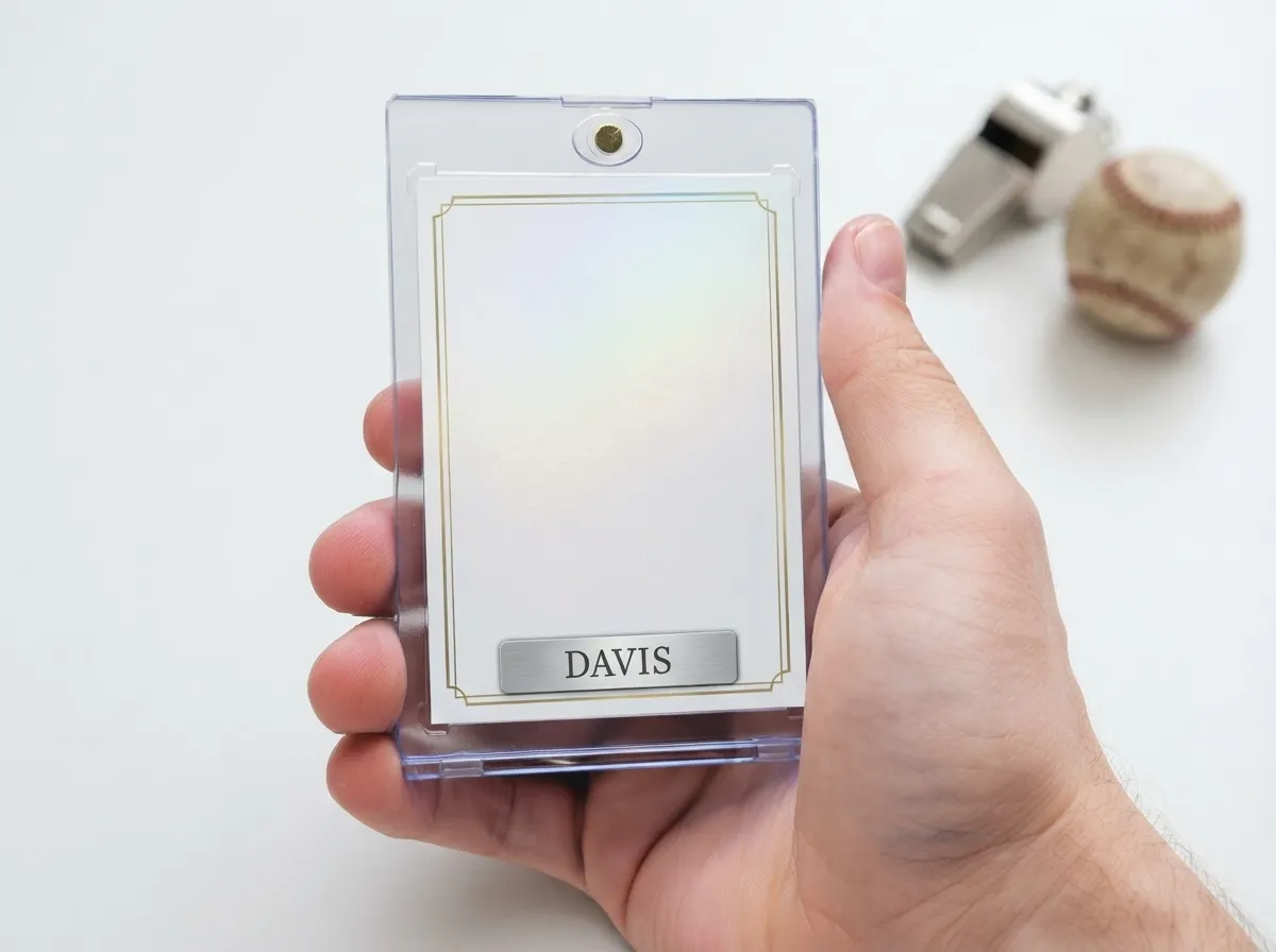 Custom silver-gold trading card displayed upright in clear magnetic case on white tabletop