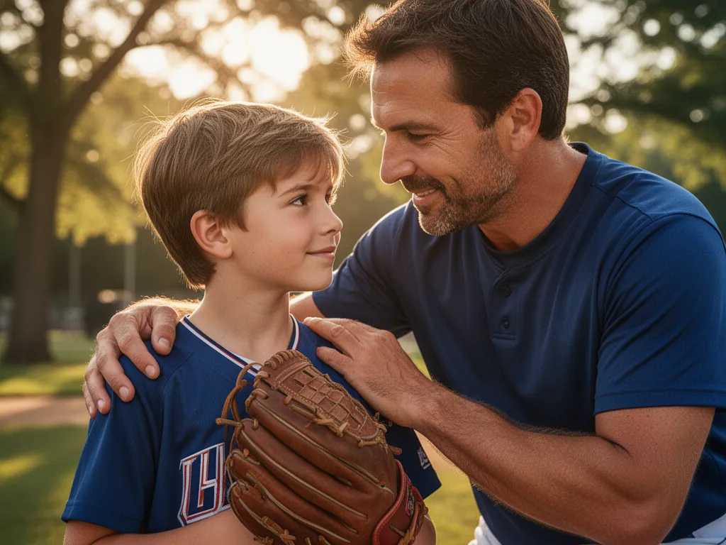 Father and son sharing a tender moment during baseball practice in natural outdoor setting
