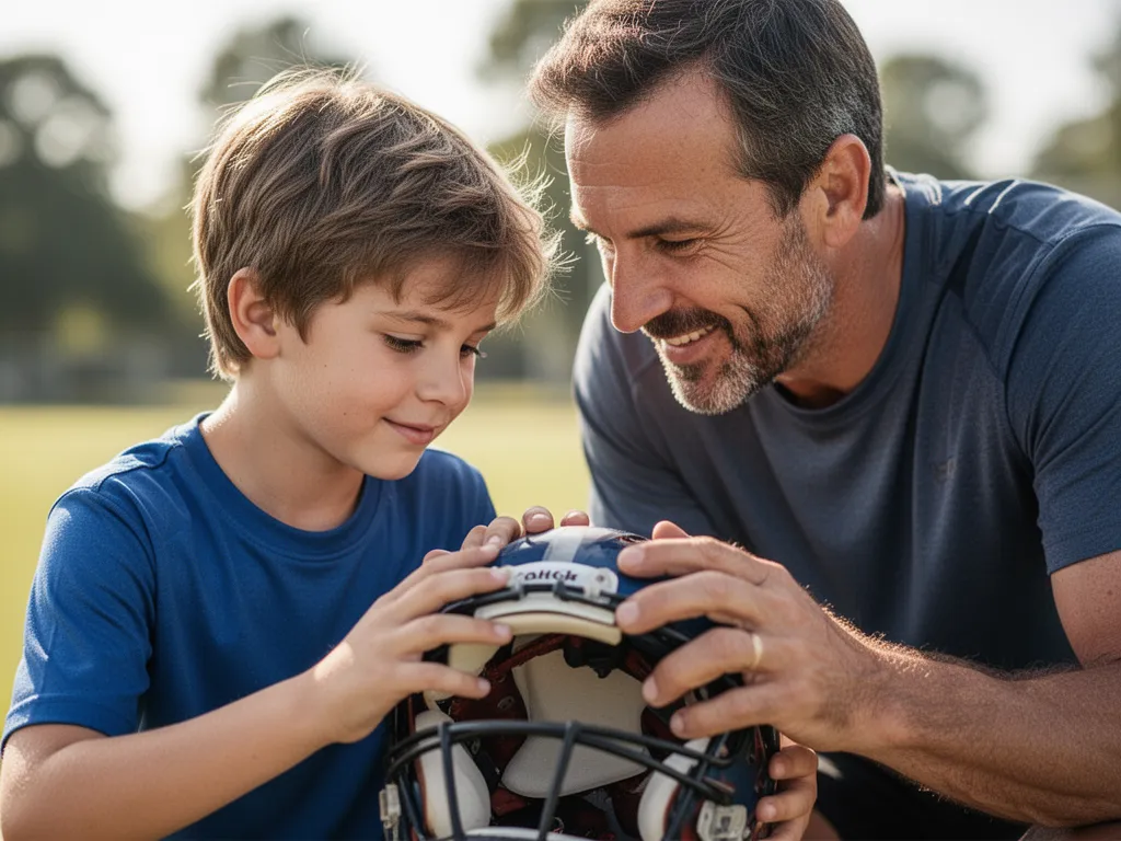 Father and young son bonding over sports equipment with genuine emotion and connection