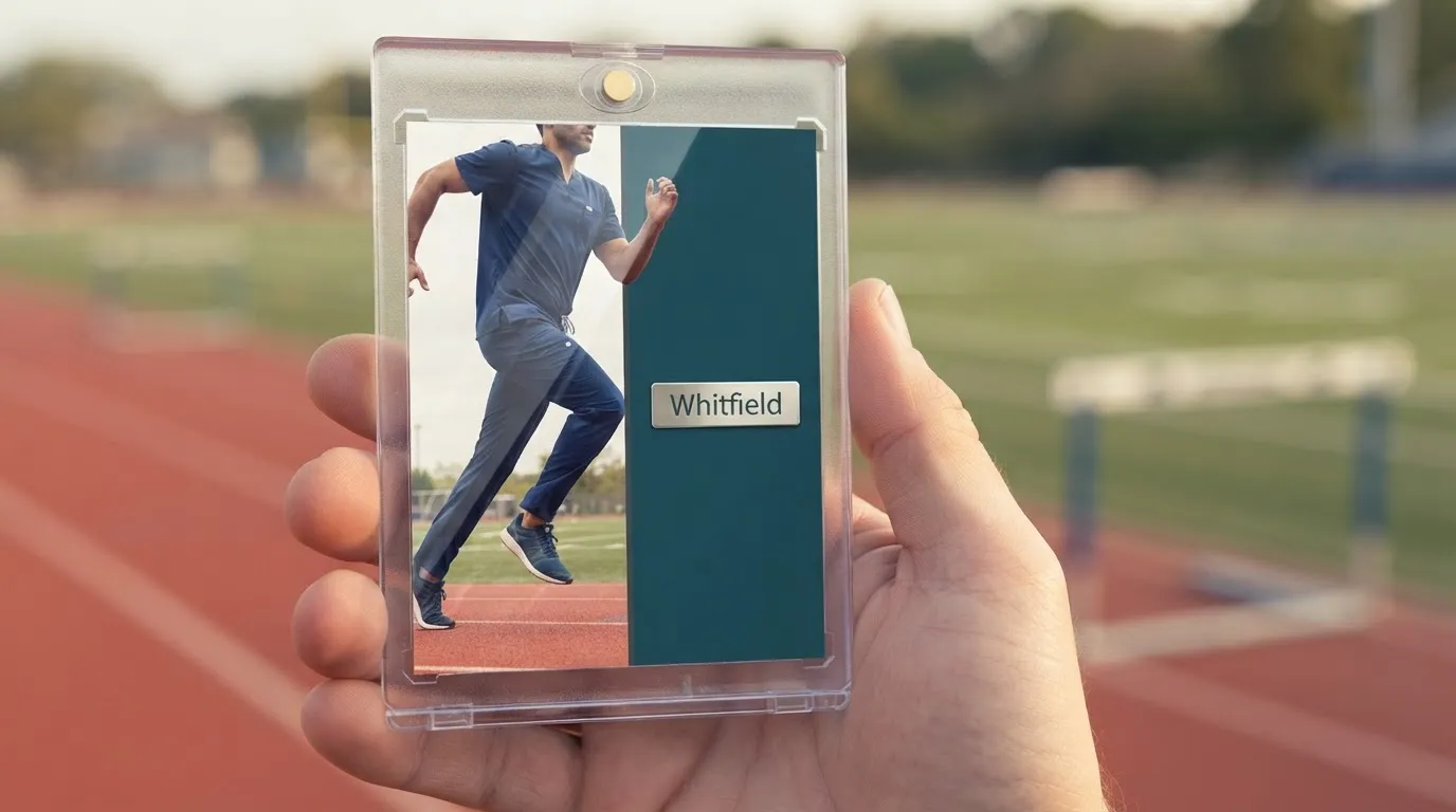Hand holding magnetic case with teal split-design sports trading card, a thoughtful gift for doctors.