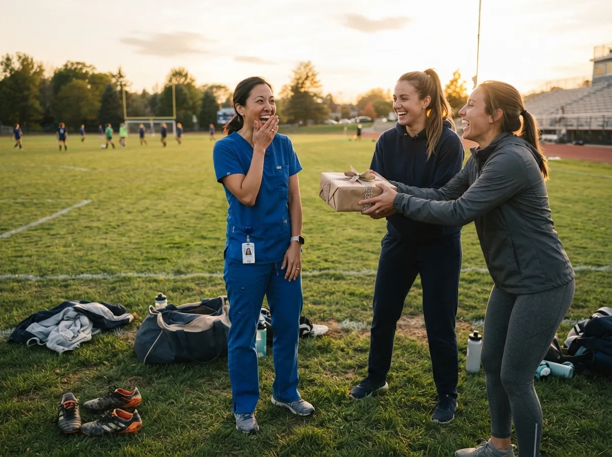 Doctor in scrubs joyfully surprised by teammates giving a gift on a sports field.