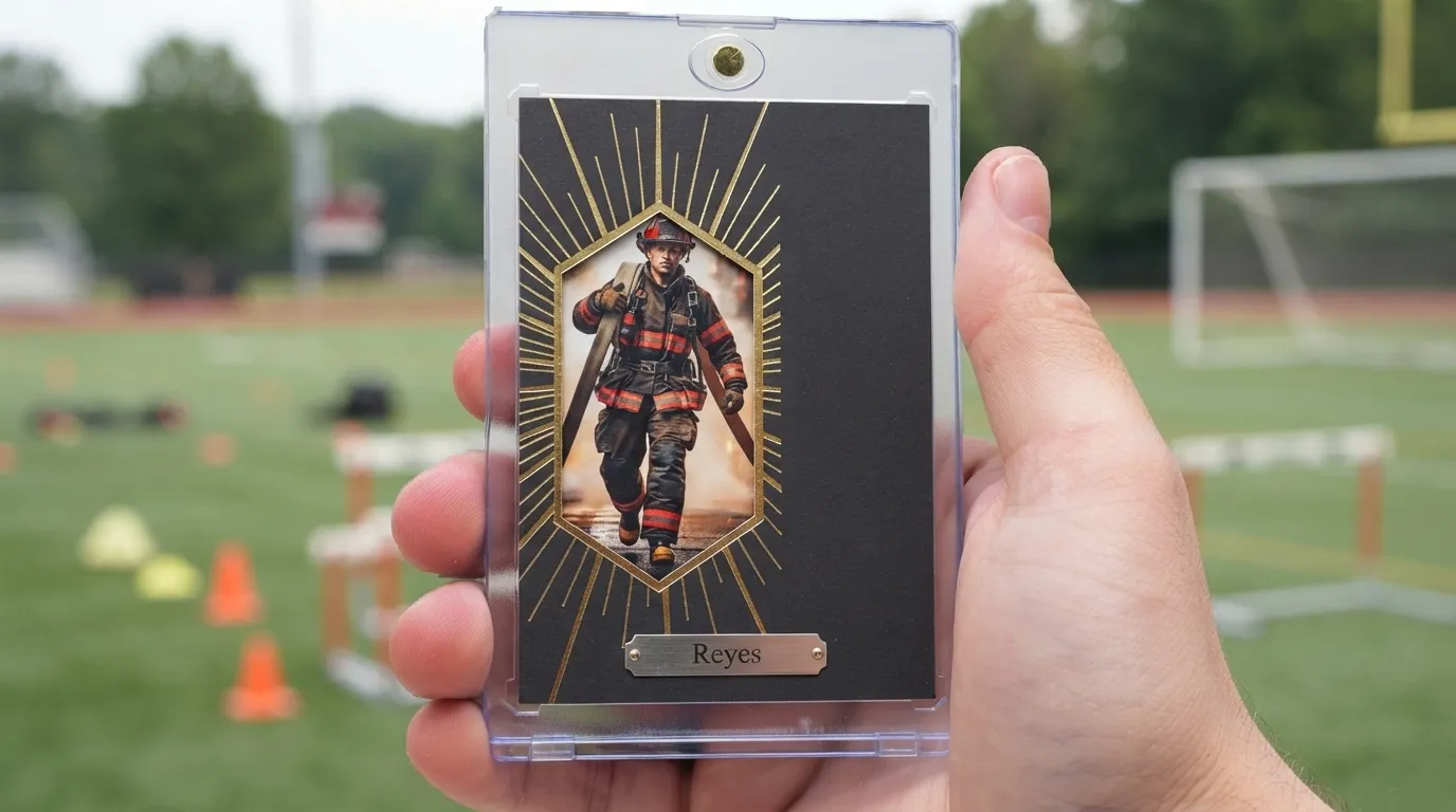 Hand holding magnetic case with gold foil firefighter trading card, a thoughtful gift for firefighters.