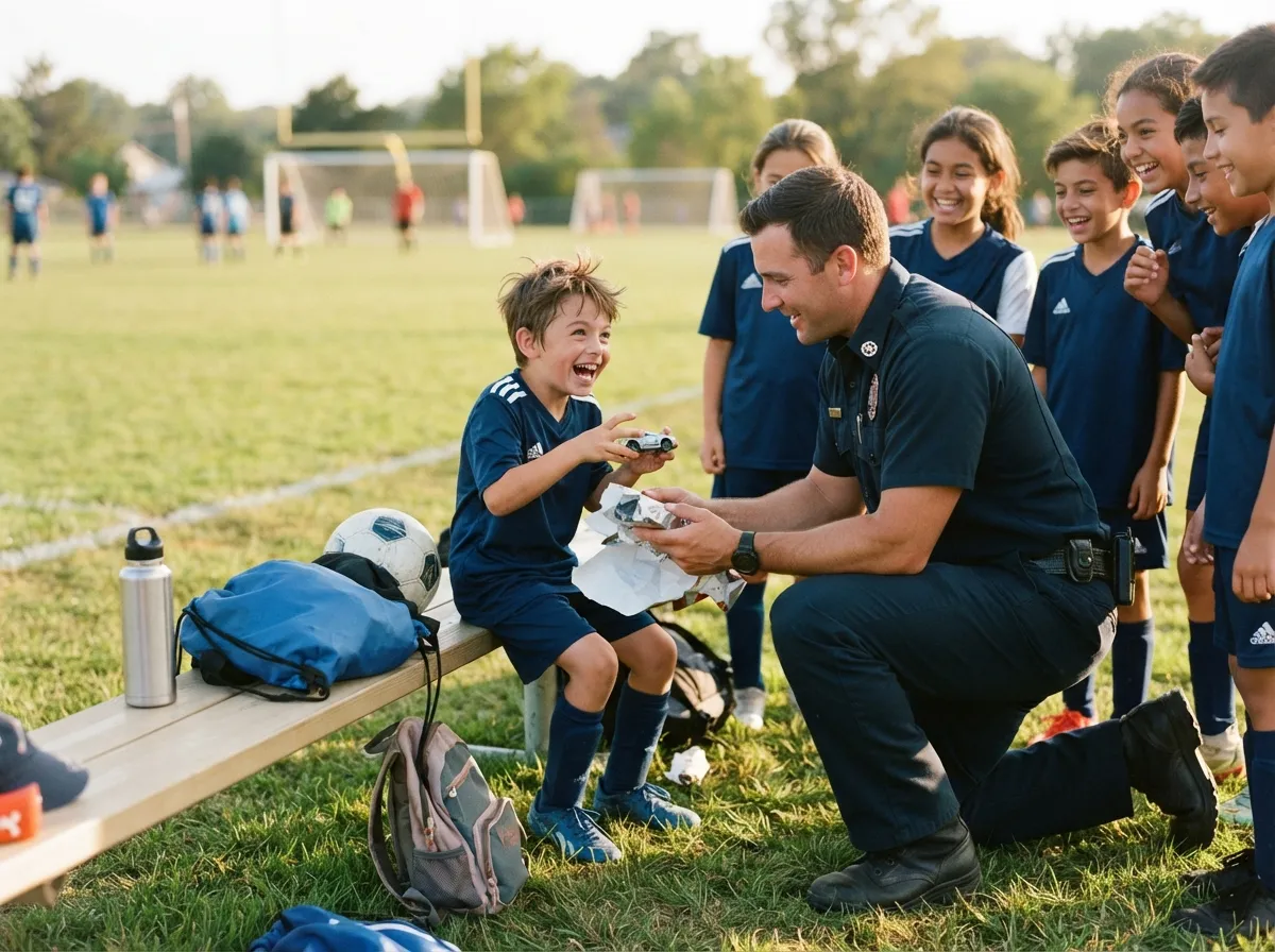 Firefighter and young athlete share a joyful surprise gift moment on sports field.