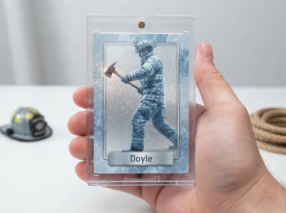 Custom sports trading card in magnetic case shows icy blue firefighter refractor design.