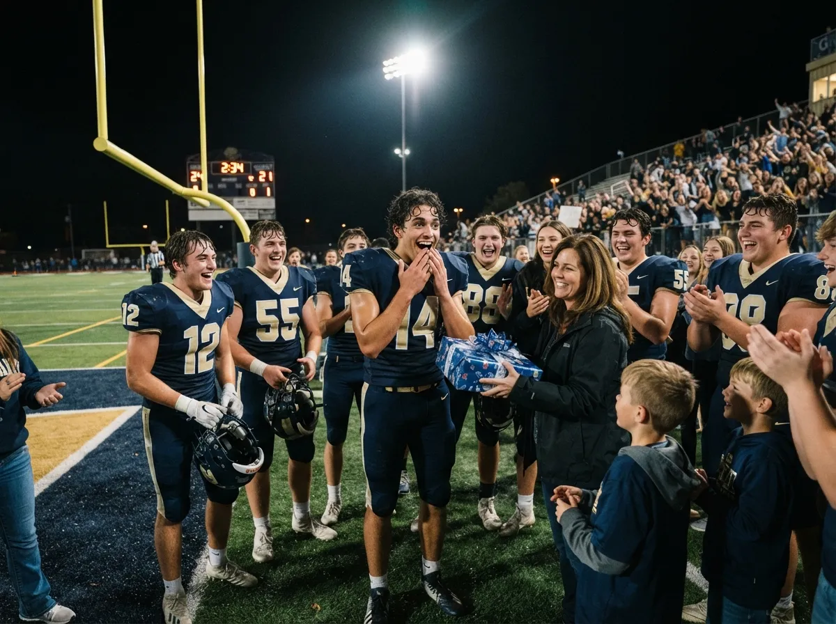 Football player surprised by teammates during a gift-giving moment under stadium lights.