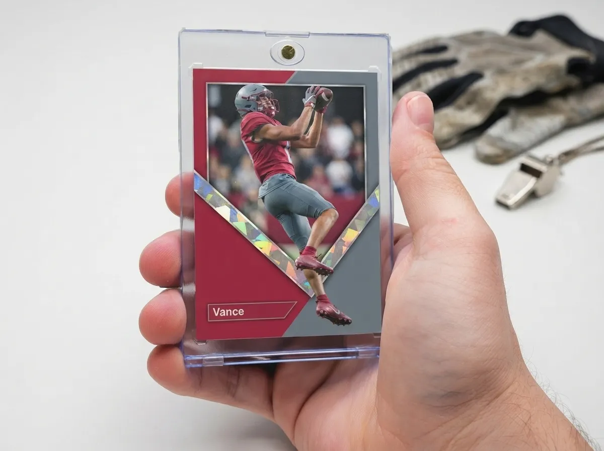 Custom football trading card in magnetic case with chrome diagonal frame design.