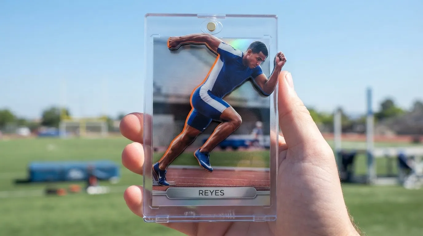 Hand holding magnetic case with bold sprinter trading card, a standout pick among gifts for gamers.