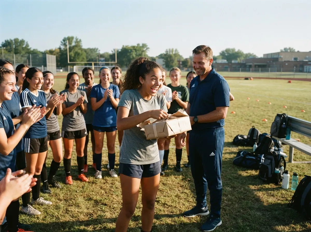 Teen athlete surprised while unwrapping a gift on a sunny sports field with teammates.