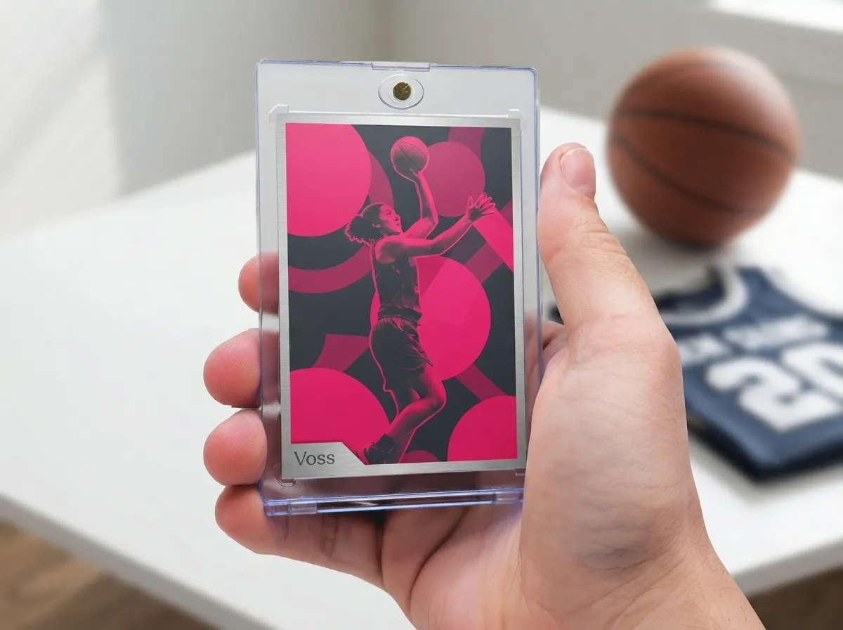 Custom sports trading card in magnetic case showing duotone magenta basketball design.