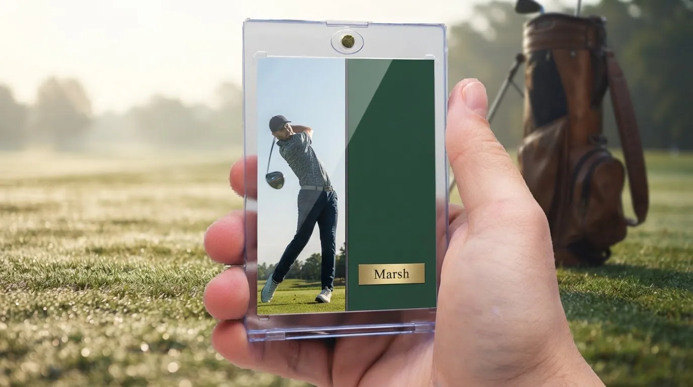 Hand holding magnetic case with premium split-design golf card, a thoughtful gift for golfers.