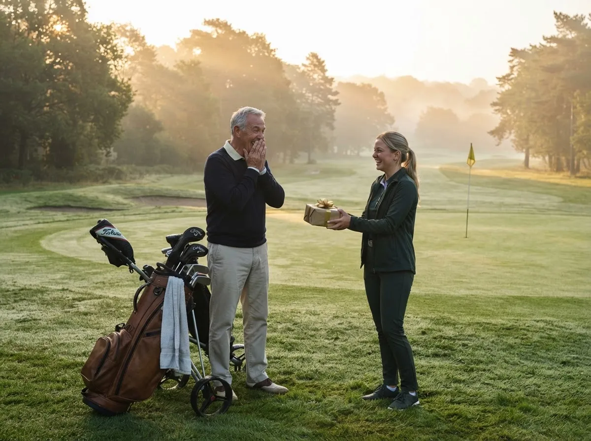 Golfer smiling in surprise while receiving a wrapped gift on a dewy fairway at sunrise.