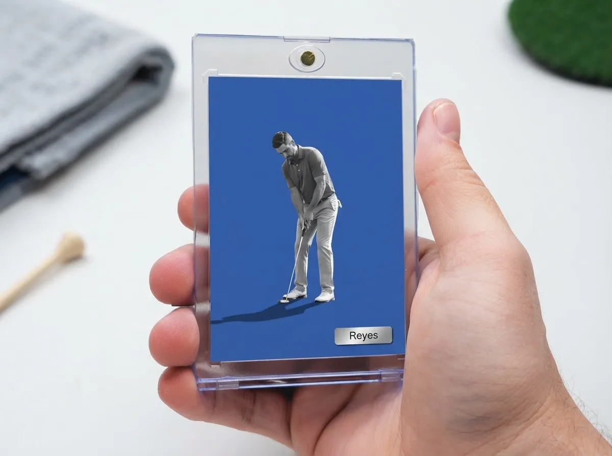 Custom golf trading card in magnetic case, cobalt editorial design, displayed on white tabletop.