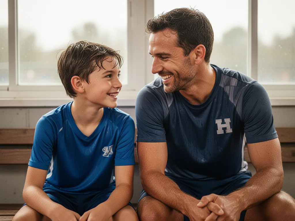 Father and son athletes bonding together after a game, sharing pride and connection in genuine moment.