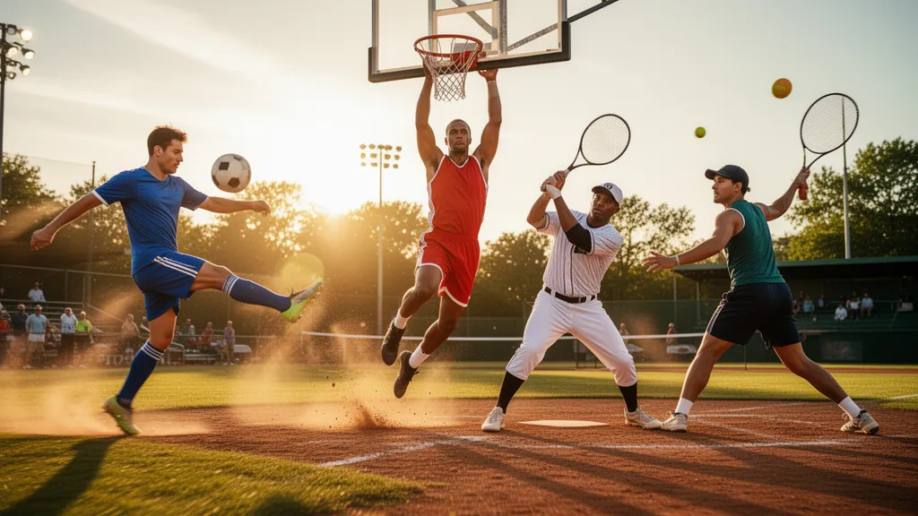 Multiple athletes competing in different sports simultaneously with dynamic motion and natural outdoor lighting