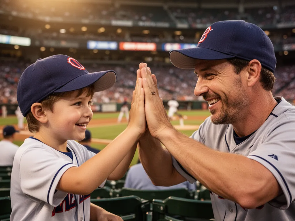 Father and son celebrating together at a baseball game with a joyful high-five moment