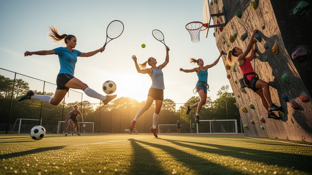 Multiple female athletes in different sports captured mid-action with dynamic outdoor lighting and natural backgrounds