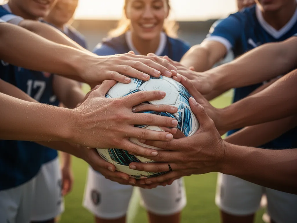 Female athlete's hands holding sports equipment surrounded by teammates' hands in celebratory team unity moment