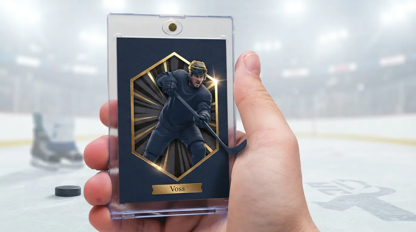 Hand holding magnetic case with gold foil hockey trading card, a thoughtful gift for hockey players.