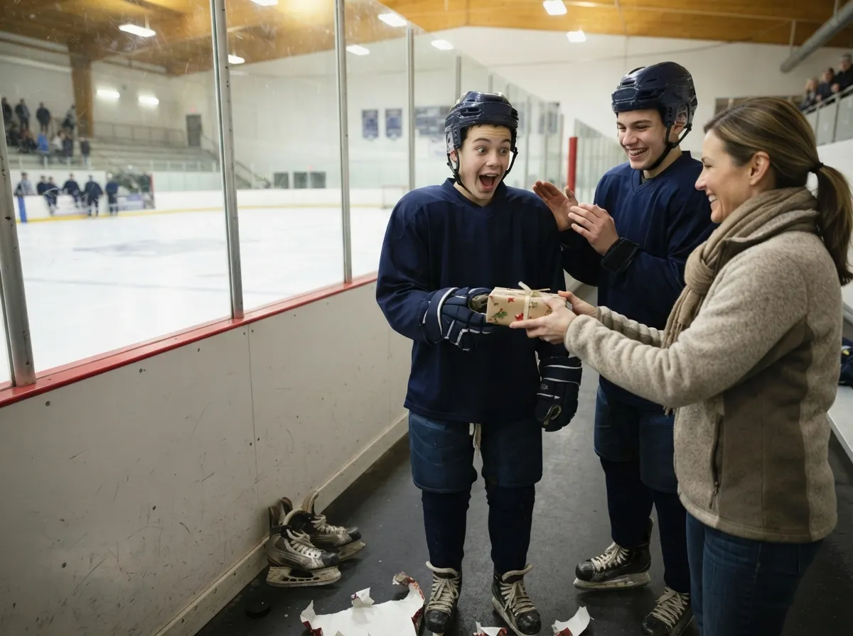 Teen hockey player smiling in surprise while unwrapping a gift at the rink.