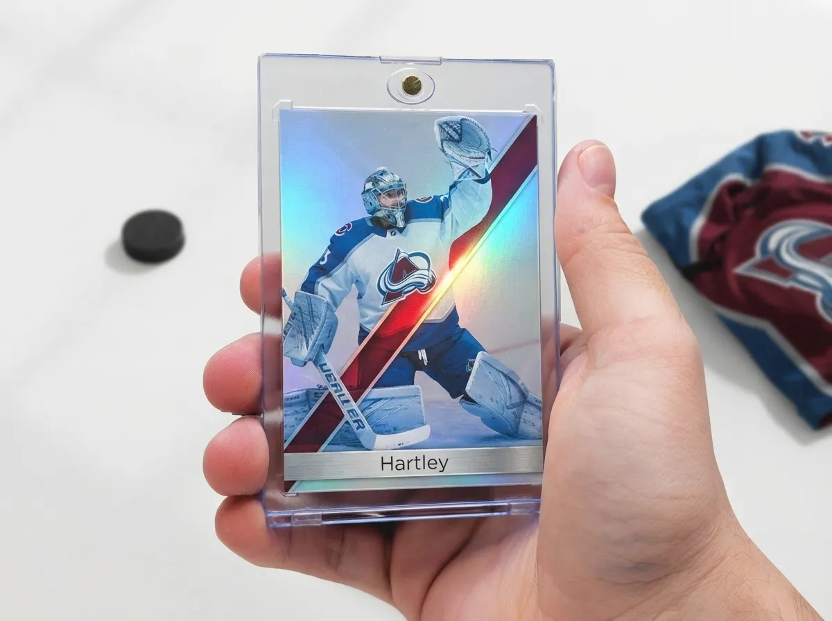 Custom hockey trading card with chrome finish displayed in clear magnetic acrylic case.