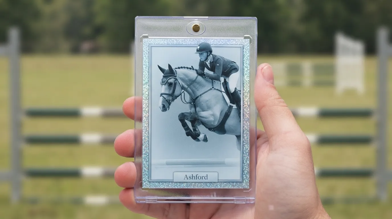 Hand holding magnetic case with icy blue horse-jumping trading card, gifts for horse lovers.