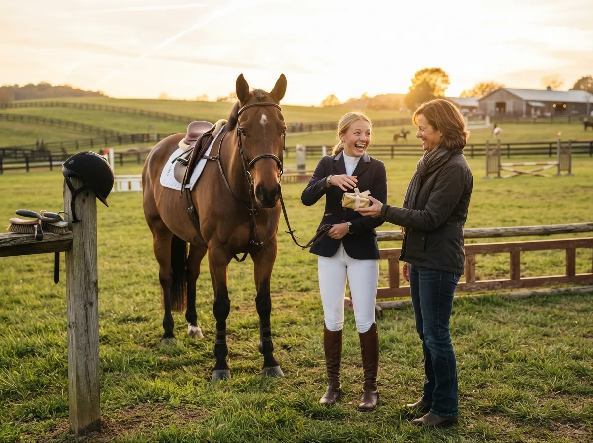 Teen rider smiling in surprise while unwrapping a gift near a horse at sunset.